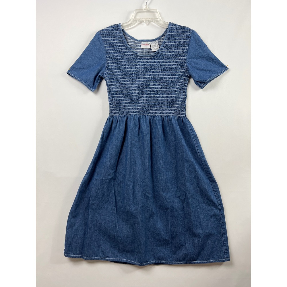 Bobbie Brooks Denim Dress Women Small Blue Smocked Bodice Midi Vintage Cottage